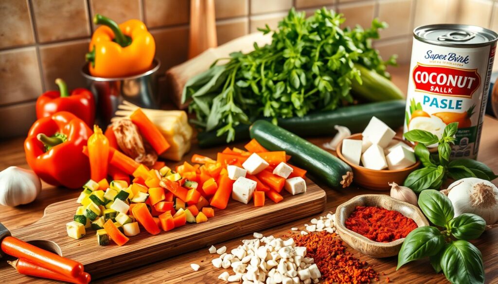 Combining ingredients for Thai red curry with tofu