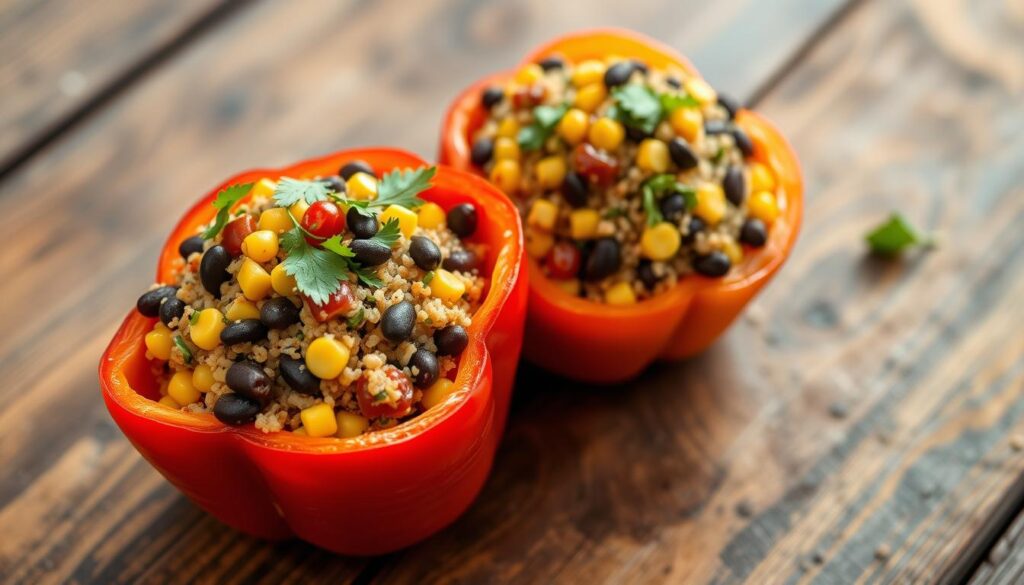 quinoa stuffed pepper with black beans and corn