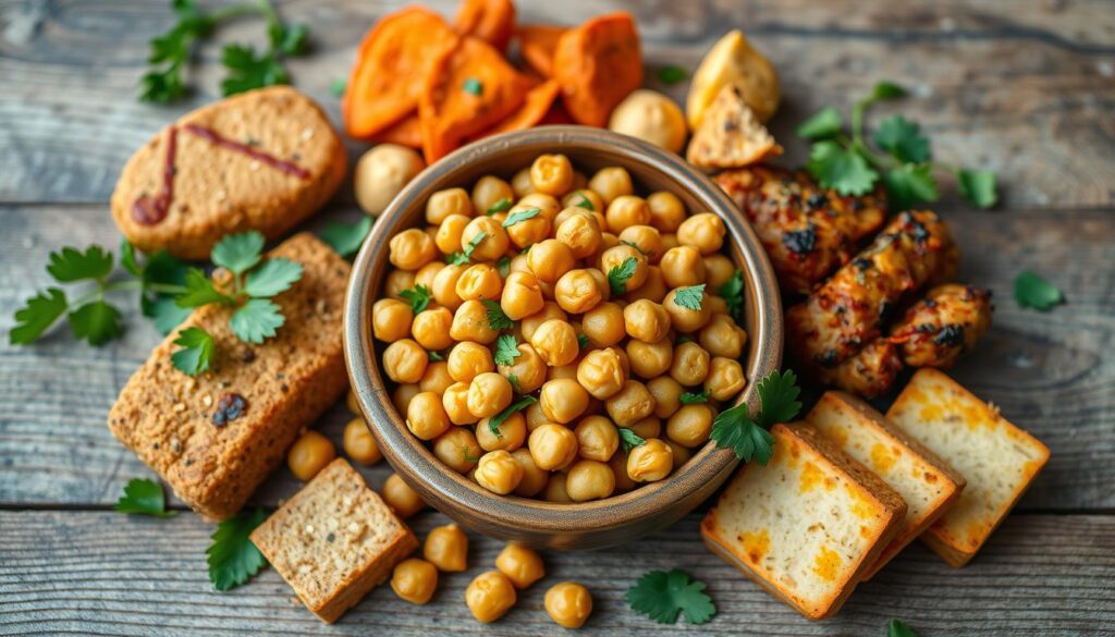 Chickpeas and vegan chicken protein sources