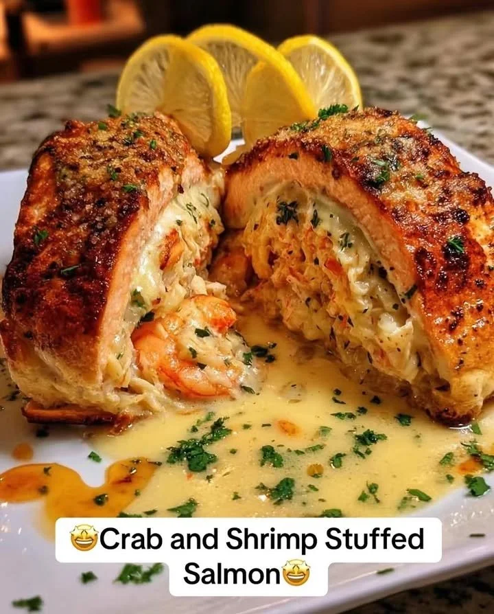 Crab and shrimp stuffed salmon on a plate with fresh herbs