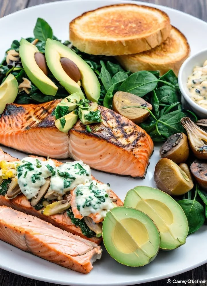 Grilled salmon with creamed spinach, avocado, and roasted vegetables on a plate.