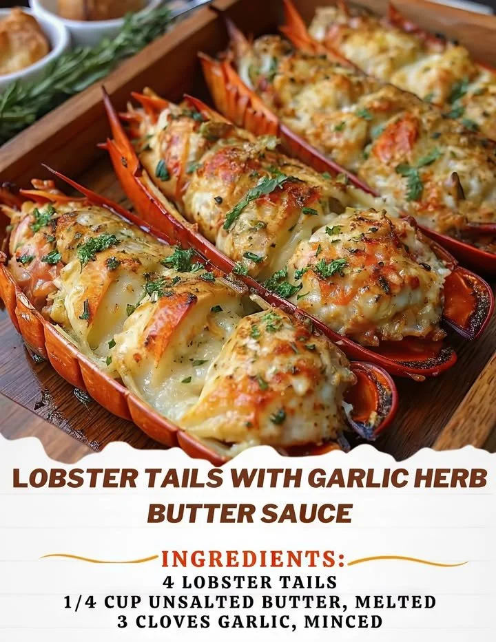 Lobster tails served with garlic herb butter sauce, garnished and ready to enjoy.